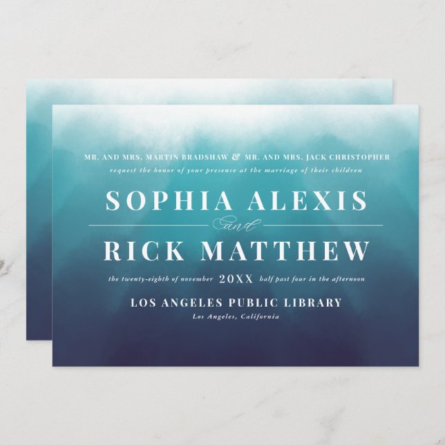 Modern Ocean Blue Elegant Typography Wedding Invitation (Front/Back)