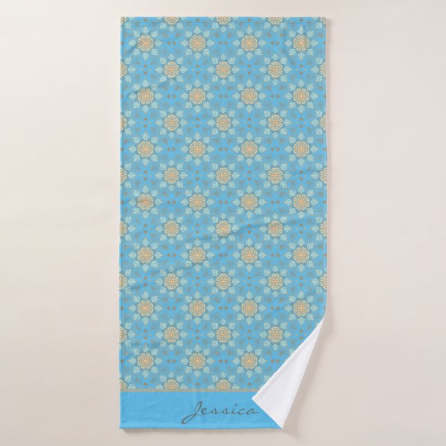 Modern Ocean Blue Floral Mandala Bohemian Pattern Bath Towel (Bath Towel)