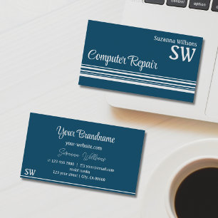 Modern Ocean Blue Light Grey Stripes with Monogram Business Card