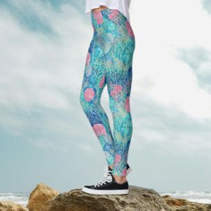 Modern Ocean Blue Pink Tropical Coral Watercolor Leggings