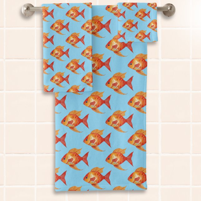 Modern Ocean Sea Life Cute Orange Fish Patterned Bath Towel Set (A set of bathroom towels in light blue patterned with orange fish. Ideal for a sea life theme)
