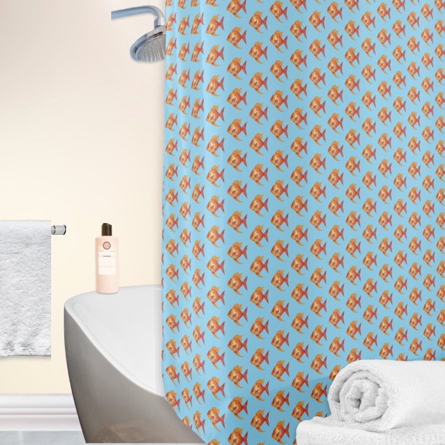 Modern Ocean Sea Life Cute Orange Fish Patterned Shower Curtain (A shower curtain with cute pattern of orange fish swimming in a light blue sea)