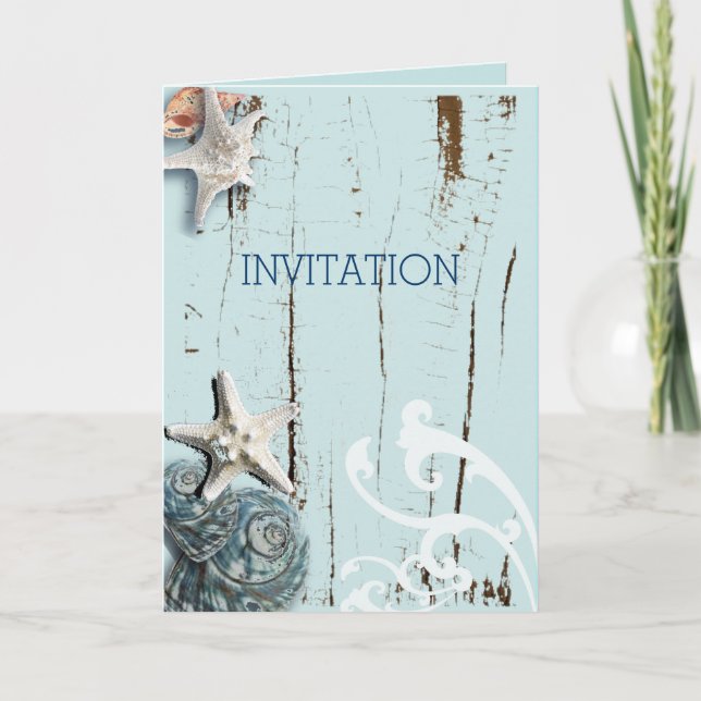modern ocean SeaShells Beach Wedding Invitation (Front)