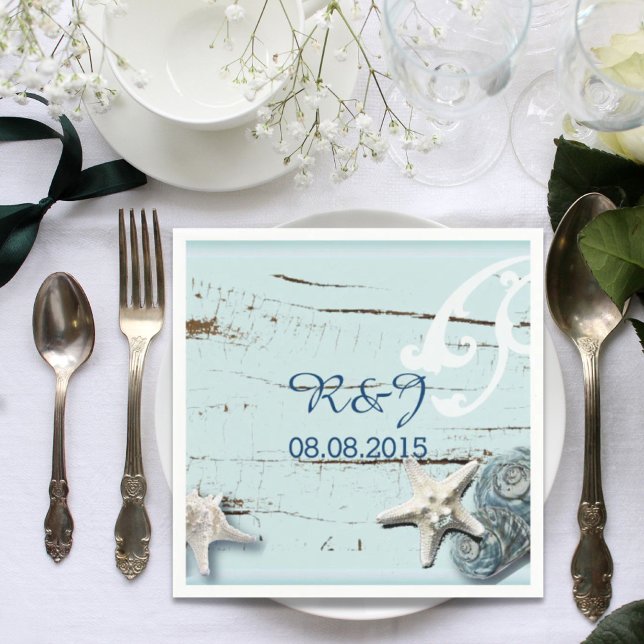 modern ocean SeaShells Beach Wedding Napkin (modern ocean SeaShells Beach Wedding Paper Napkins)