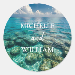 Modern Ocean Summer Blue Beach Wedding Classic Round Sticker