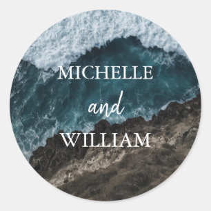 Modern Ocean Summer Blue Beach Wedding Classic Round Sticker