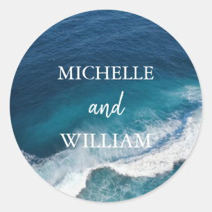 Modern Ocean Summer Blue Beach Wedding Classic Round Sticker