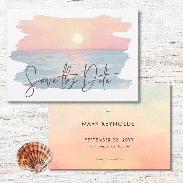 Modern Ocean Sunset Watercolor Beach Wedding Save The Date (Modern Ocean Sunset Watercolor Beach Wedding Photo Save The Date)