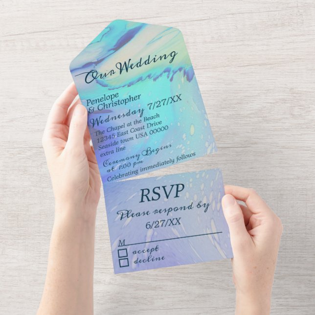 Modern Ocean Water Blue Abstract Beach Wedding  All In One Invitation (Tearaway)