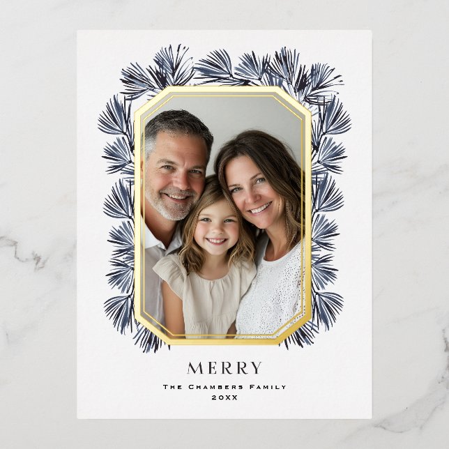 Modern Octagon Frame and Sprigs Foil Holiday Postcard (Front)