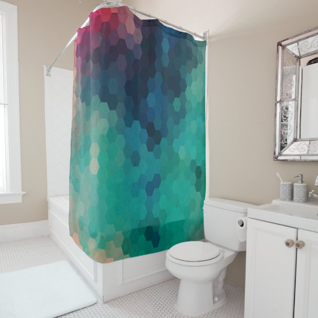 Modern Octagonal Geometric Design Green & Purple Shower Curtain (In Situ)