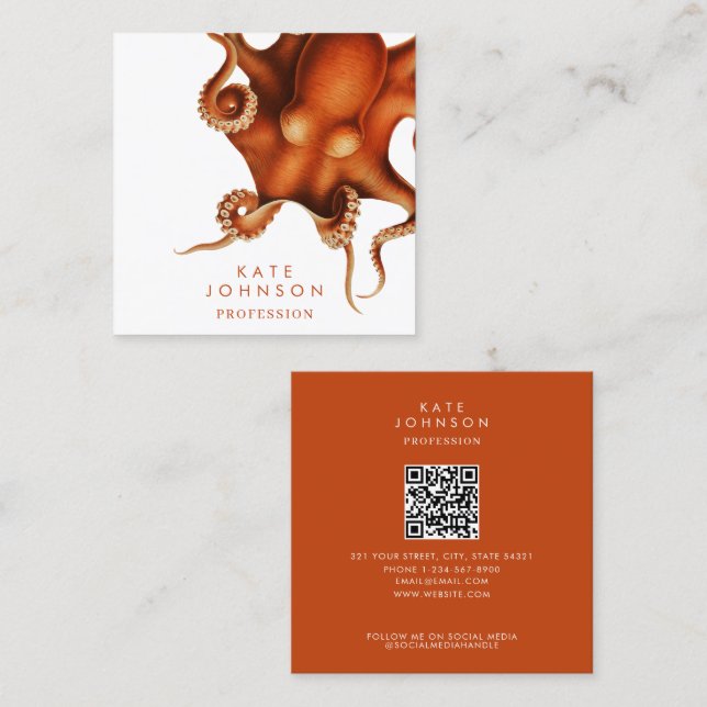 Modern Octopus Coastal QR Code Social Media Square Business Card (Front/Back)