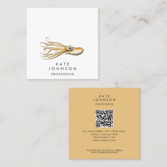Modern Octopus Coastal QR Code Social Media Square Business Card (Front/Back)