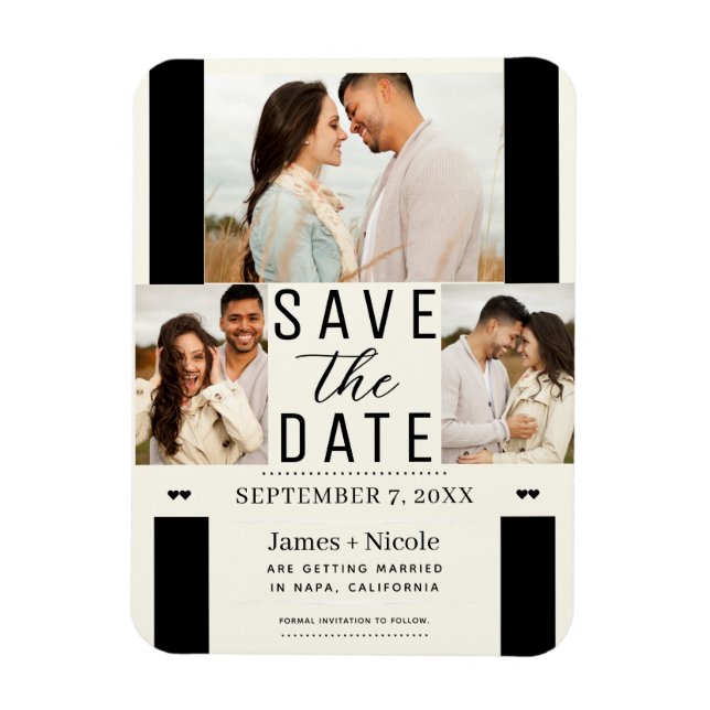 Modern Off White Save the Date 3 Photo Wedding  Magnet (Vertical)