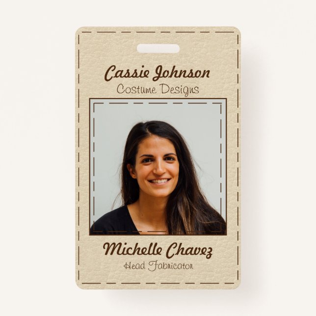 Modern Off-White Stiched Leather Photo Employee ID Badge (Front)