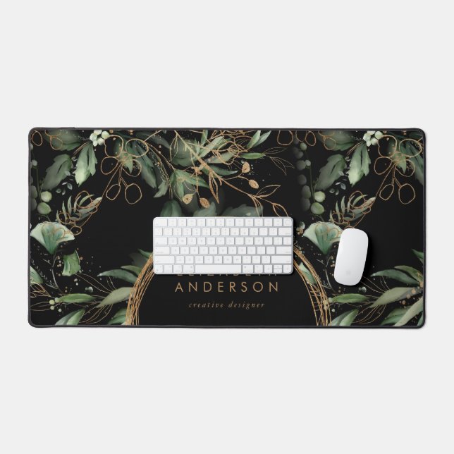 Modern Office Golden Circles Eucalyptus Black Desk Mat (Keyboard & Mouse)