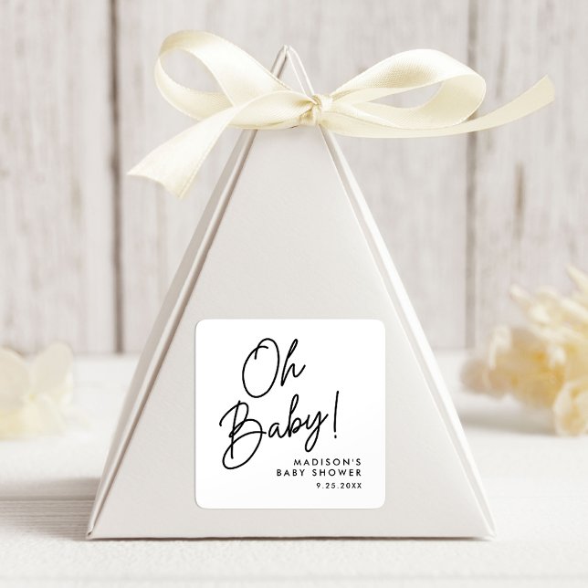 Modern Oh Baby Black Script Baby Shower Square Sticker (Creator Uploaded)