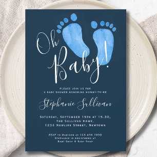 Modern Oh Baby Boy Navy Blue Baby Shower  Invitation