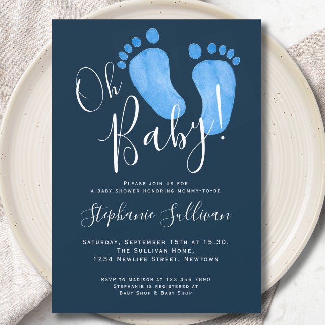 Modern Oh Baby Boy Navy Blue Baby Shower  Invitation (Creator Uploaded)