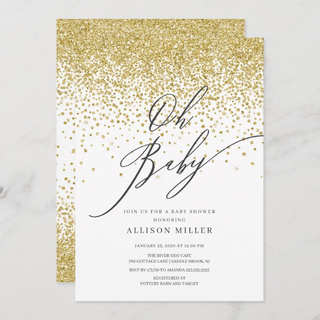 Modern Oh Baby Gold Glitter Baby Shower Invitation (Front/Back)