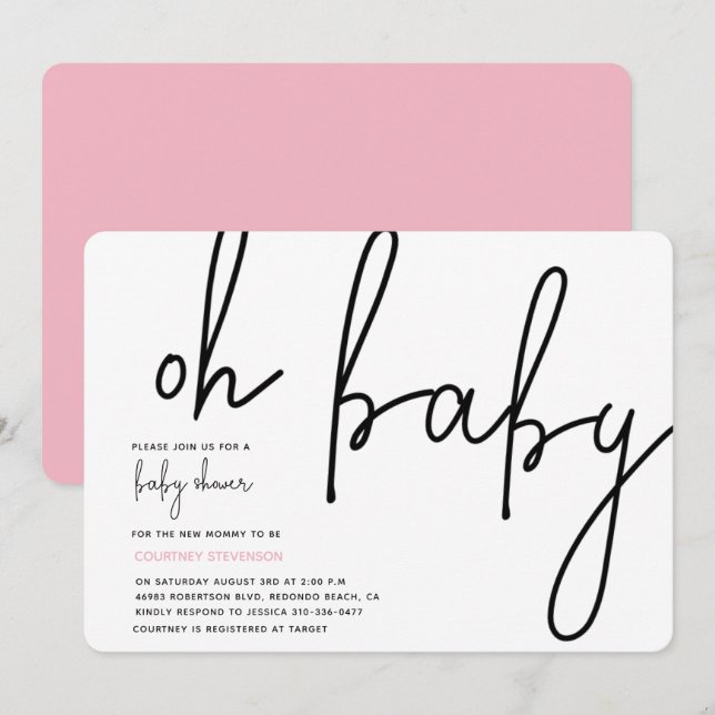 Modern Oh Baby Invitation Pink (Front/Back)