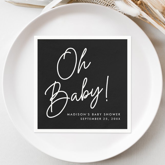 Modern Oh Baby Script Black and White Baby Shower Napkin (Creator Uploaded)
