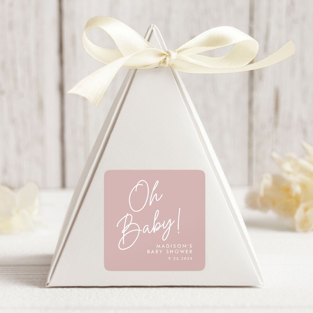 Modern Oh Baby Script Dusty Rose Baby Shower Square Sticker (Creator Uploaded)
