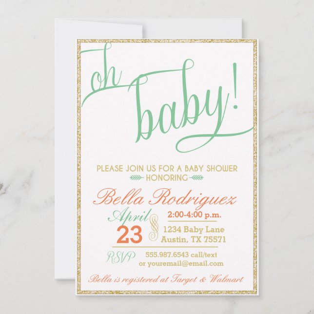 Modern Oh Baby Shower Coral Mint Gold Glitter Invitation (Front)