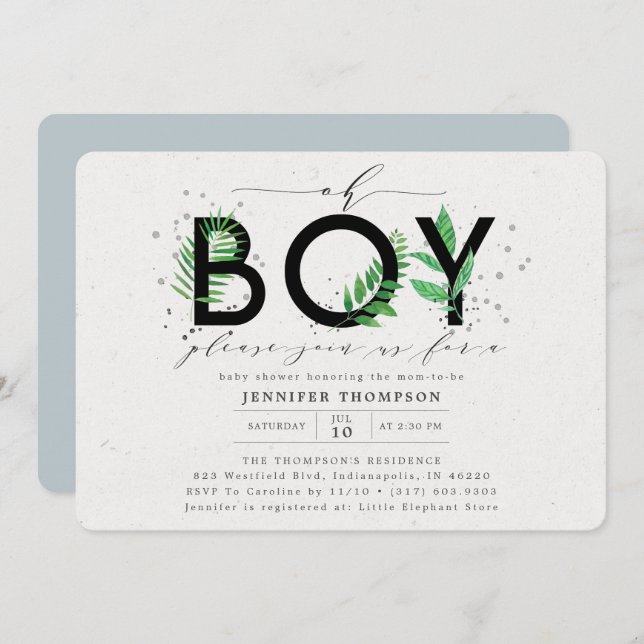 Modern Oh Boy Blue Tropical Greenery Baby Shower Invitation (Front/Back)