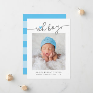 Modern Oh Boy Script Sky Blue Heart 2-Photos Birth Announcement