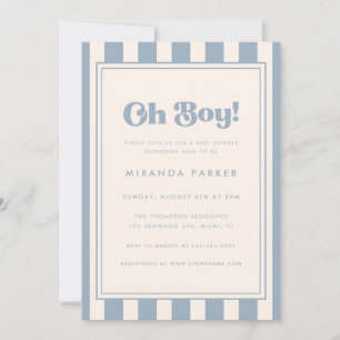 Modern "Oh Boy!" Striped Blue Beige Baby Shower Invitation