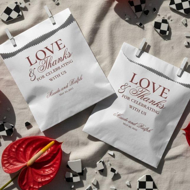 Modern Old Money Bold Red Love and Thanks Wedding  Favour Bag (Send guests home with gratitude and style using this Old Money Bold Red Wedding Favor Bag!)