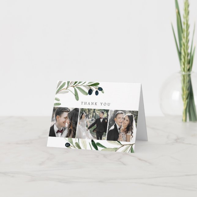 Modern Olive Branch 3 Photo Thank You Card (Front)