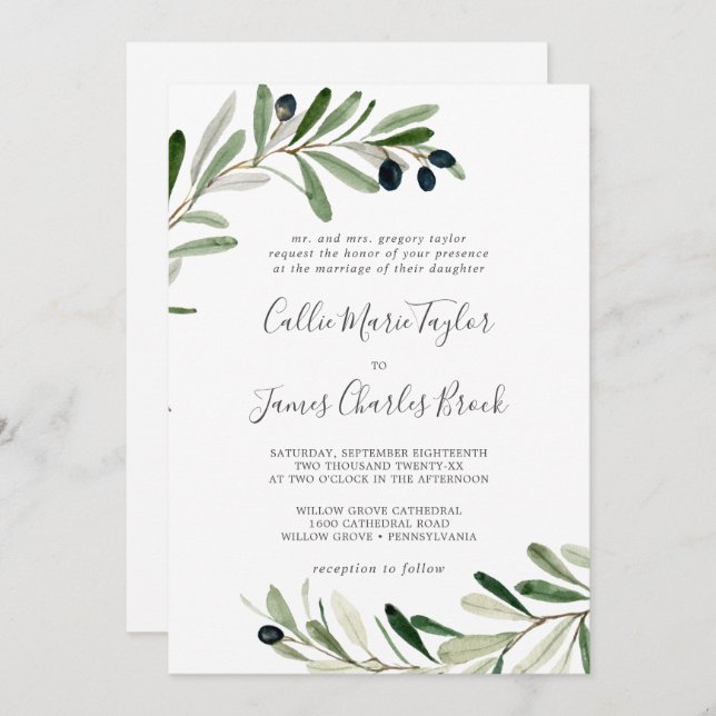 Modern Olive Branch All In One Wedding Invitation (Front/Back)