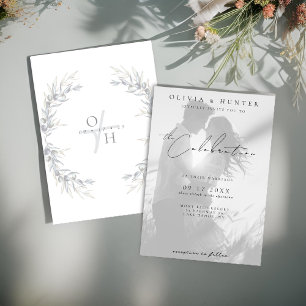 Modern Olive Branch Black and White Photo Wedding  Invitation