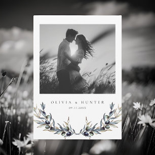 Modern Olive Branch Black and White Photo Wedding  Invitation