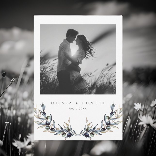 Modern Olive Branch Black and White Photo Wedding  Invitation (Creator Uploaded)