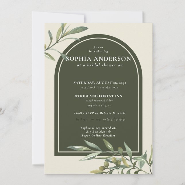 Modern Olive Branch Bridal Shower Invitation (Front)