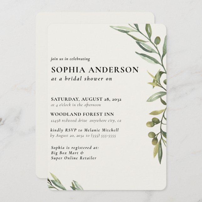 Modern Olive Branch Bridal Shower Invitation (Front/Back)