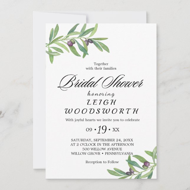 Modern Olive Branch Bridal Shower Invitation (Front)