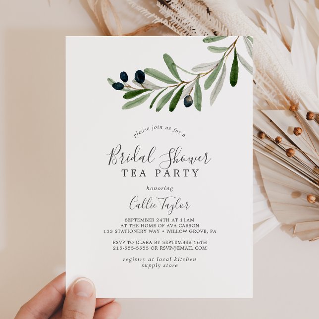 Modern Olive Branch Bridal Shower Tea Party Invitation (Creator Uploaded)