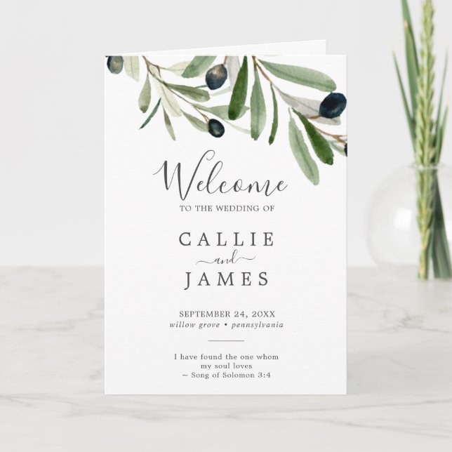 Modern Olive Branch Folded Wedding Program (Front)