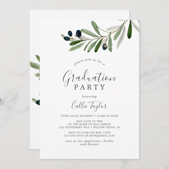 Modern Olive Branch Graduation Party Invitation (Front/Back)