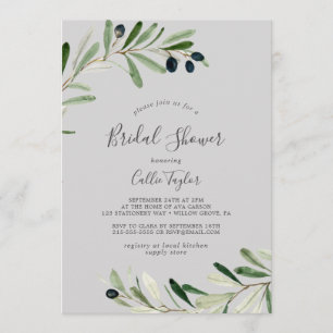Modern Olive Branch   Grey Bridal Shower Invitation