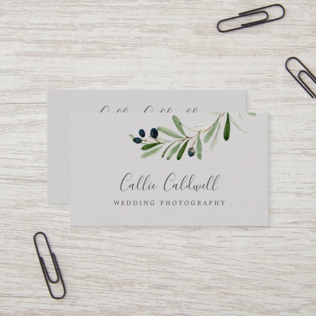 Modern Olive Branch | Grey Business Card (Front/Back In Situ)