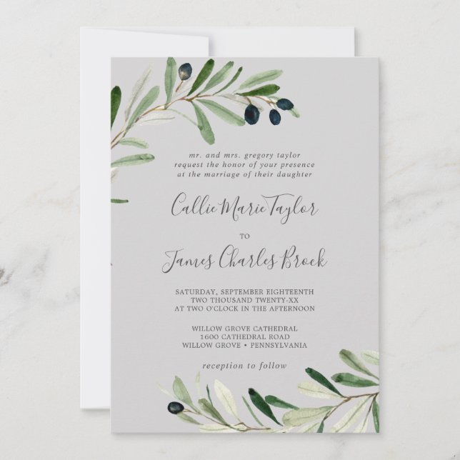 Modern Olive Branch | Grey Traditional Wedding Invitation (Front)