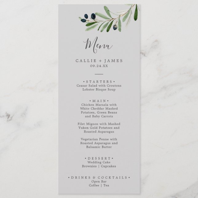 Modern Olive Branch | Grey Wedding Dinner Menu (Front)