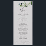 Modern Olive Branch | Grey Wedding Dinner Menu<br><div class="desc">This modern olive branch grey wedding dinner menu card is perfect for a boho wedding. The rustic yet elegant design features simple watercolor botanical green leaves and black olives on a small branch with a classic mediterranean feel. This menu can be used for a wedding reception, rehearsal dinner, or any...</div>