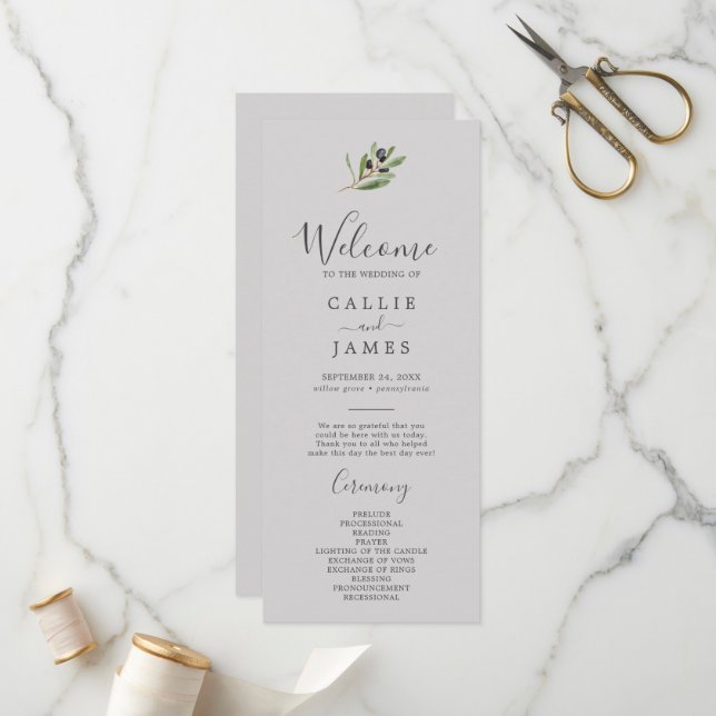 Modern Olive Branch | Grey Wedding Program (Front/Back In Situ)
