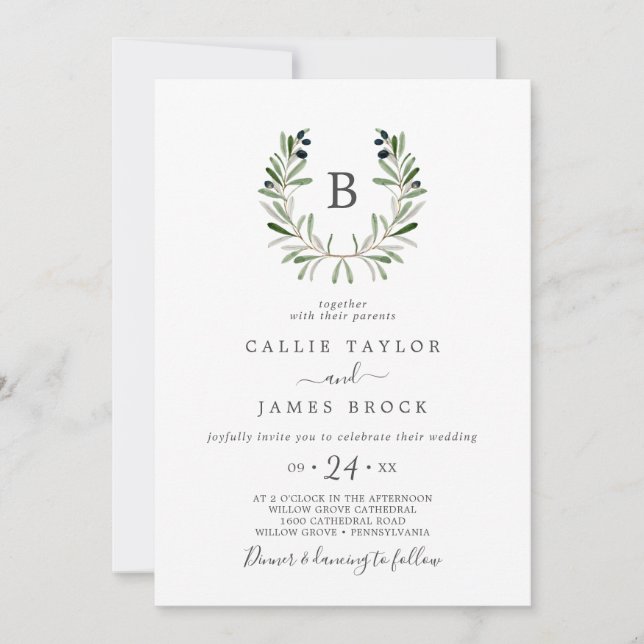Modern Olive Branch Monogram Wedding Invitation (Front)